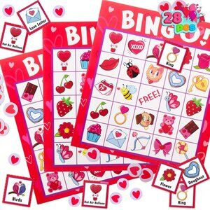 28 Players Valentine's Day Bingo Set, Game Cards for Kids School Classroom Party